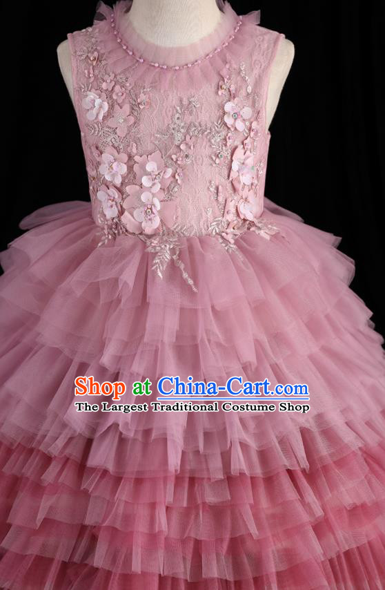 Top Girl Princess Performance Fashion Garment Children Stage Show Formal Clothing Catwalks Pink Veil Trailing Evening Dress