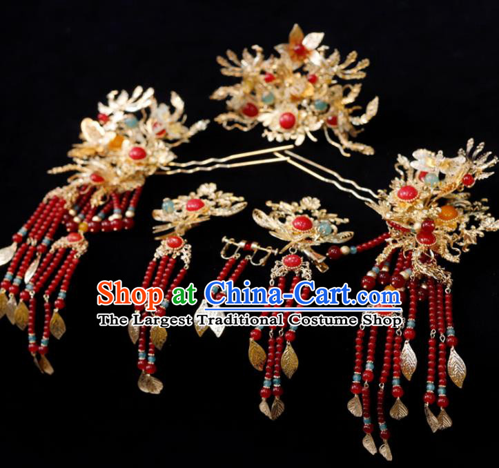 Chinese Ancient Bride Golden Hair Comb Classical Red Beads Tassel Hairpins XiuHe Headpieces Handmade Wedding Hair Accessories