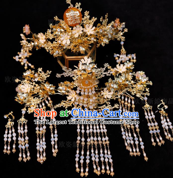 Chinese Handmade Wedding Hair Accessories Ancient Bride Golden Phoenix Coronet Classical Tassel Hairpins XiuHe Headpieces