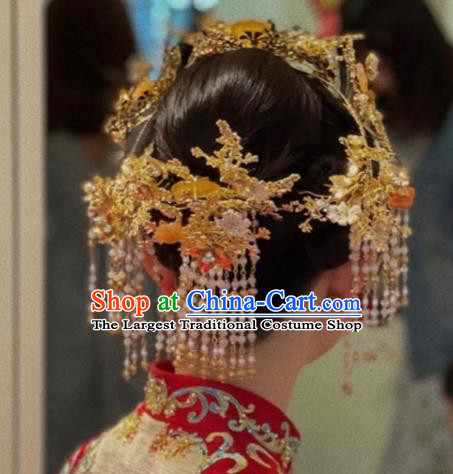 Chinese Handmade Wedding Hair Accessories Ancient Bride Golden Phoenix Coronet Classical Tassel Hairpins XiuHe Headpieces