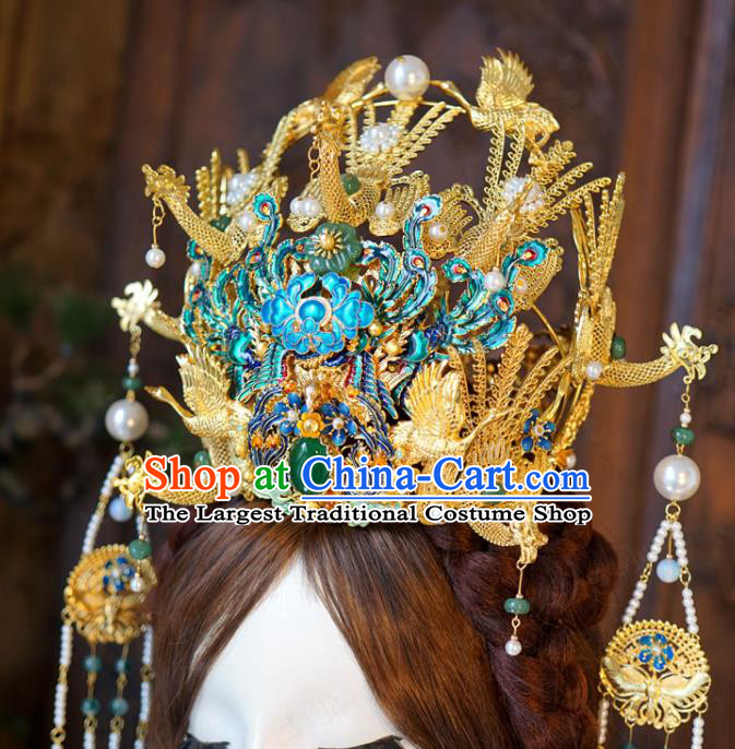 Chinese Hanfu Headdress Handmade Wedding Hair Accessories Ancient Bride Golden Phoenix Coronet Classical Ming Dynasty Jade Hairpins