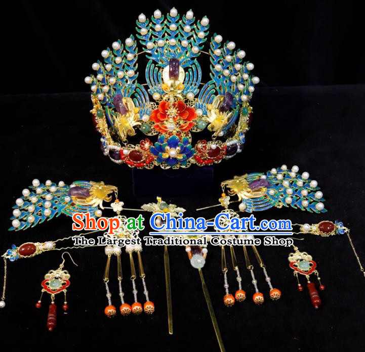 Chinese Wedding Hair Accessories Ancient Bride Enamel Phoenix Coronet Classical Amethyst Hairpins Handmade Qing Dynasty Queen Headdress