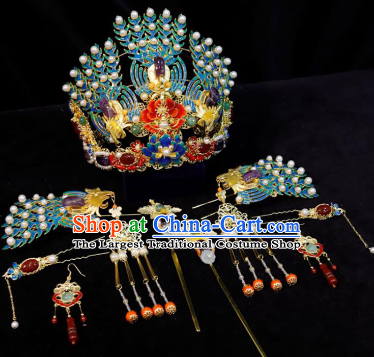 Chinese Wedding Hair Accessories Ancient Bride Enamel Phoenix Coronet Classical Amethyst Hairpins Handmade Qing Dynasty Queen Headdress