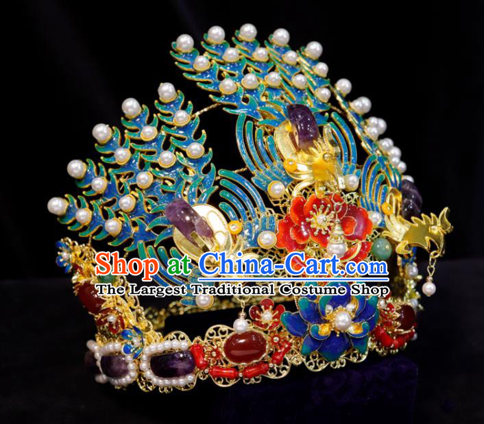 Chinese Handmade Qing Dynasty Queen Headdress Wedding Hair Accessories Ancient Bride Enamel Phoenix Coronet Classical Amethyst Hair Crown