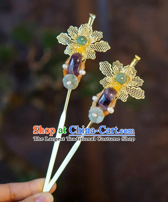 Chinese Ancient Bride Golden Peony Hairpin Classical Amethyst Jade Hair Stick Handmade Qing Dynasty Queen Headpiece Wedding Hair Accessories