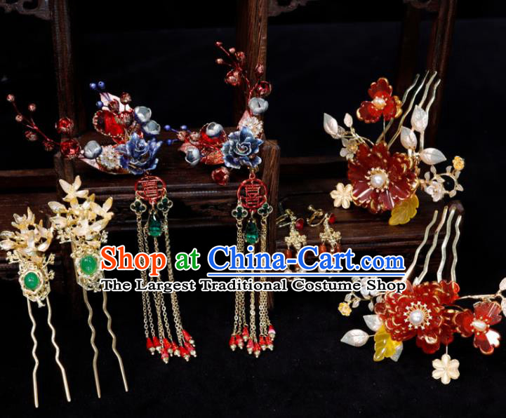 Chinese Handmade Wedding Headpieces Xiuhe Suits Hair Accessories Ancient Bride Tassel Hairpin Classical Red Peony Hair Combs