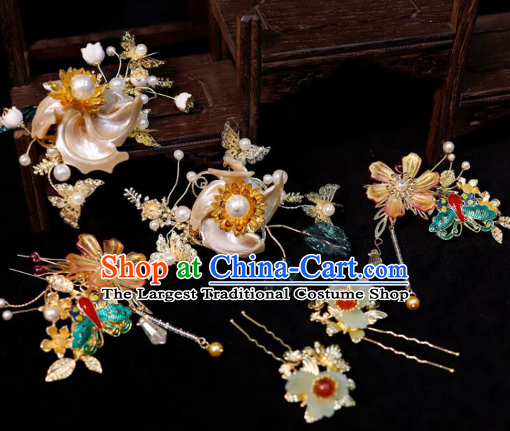 Chinese Ancient Bride Shell Hairpins Classical Cloisonne Hair Sticks Handmade Wedding Headpieces Xiuhe Suits Hair Accessories