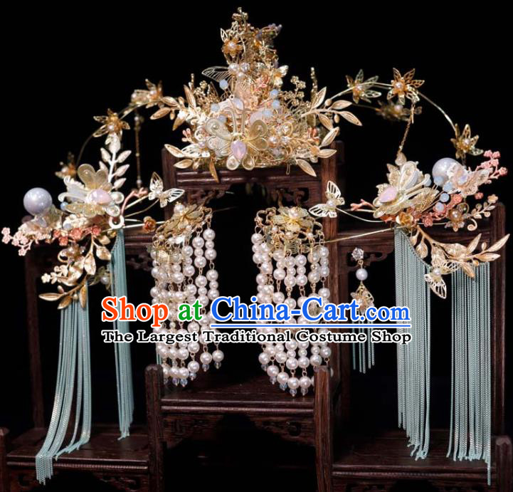 Chinese Handmade Wedding Hair Accessories Ancient Bride Hair Crown and Tassel Hairpins Classical Phoenix Coronet XiuHe Headpieces