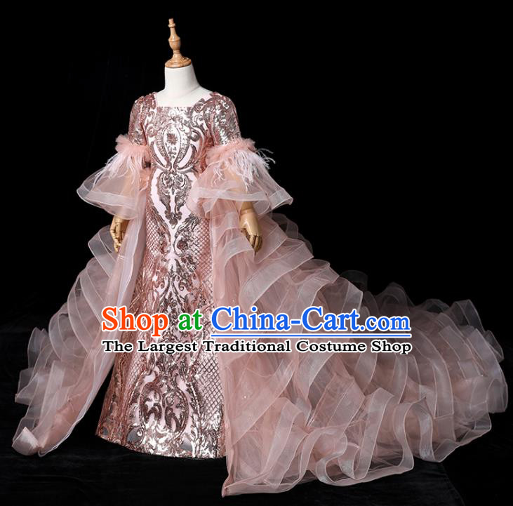 Top Baroque Girl Princess Fashion Garment Children Stage Show Formal Clothing Catwalks Pink Trailing Evening Dress