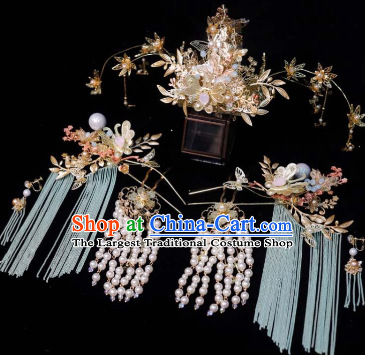 Chinese Handmade Wedding Hair Accessories Ancient Bride Hair Crown and Tassel Hairpins Classical Phoenix Coronet XiuHe Headpieces