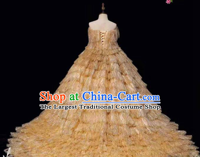 Top Girl Princess Off Shoulder Fashion Garment Children Stage Show Formal Clothing Catwalks Golden Trailing Evening Dress