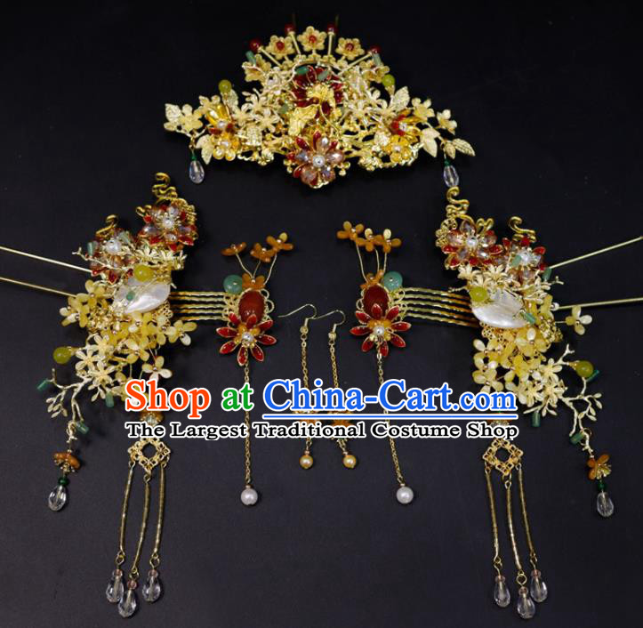 Chinese Classical Fragrans Hairpins Handmade Wedding Headdress XiuHe Suits Hair Accessories Ancient Bride Golden Hair Crown