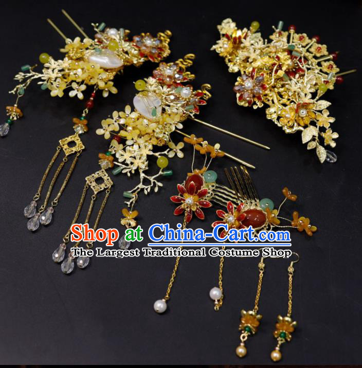 Chinese Classical Fragrans Hairpins Handmade Wedding Headdress XiuHe Suits Hair Accessories Ancient Bride Golden Hair Crown