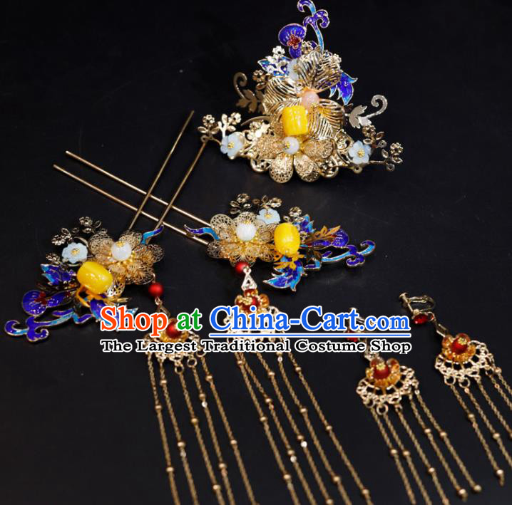 Chinese Traditional Hanfu Hair Accessories Ancient Cloisonne Hair Crown Classical Tassel Hairpins Handmade Wedding Headdress