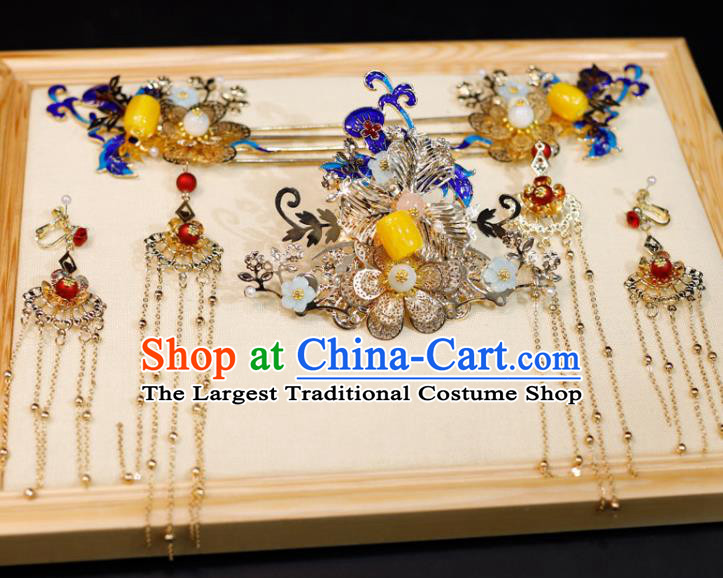 Chinese Traditional Hanfu Hair Accessories Ancient Cloisonne Hair Crown Classical Tassel Hairpins Handmade Wedding Headdress