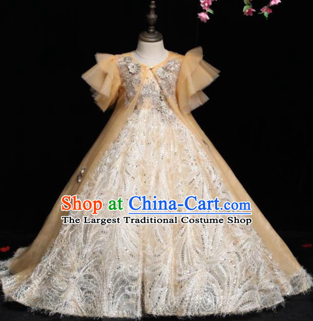 Top Girl Catwalks Beige Feather Trailing Evening Dress Princess Fashion Garment Children Stage Show Formal Clothing