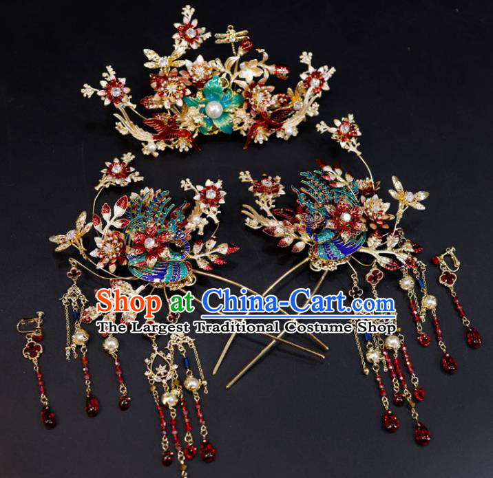 Chinese Handmade Wedding Headdress Traditional XiuHe Hair Accessories Ancient Cloisonne Hair Crown Classical Tassel Hairpins