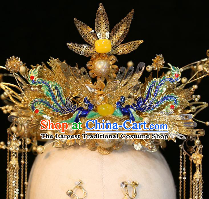 Chinese Classical Golden Phoenix Coronet Handmade Wedding Headdress Traditional XiuHe Hair Accessories Ancient Bride Cloisonne Hair Crown