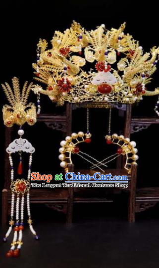 Chinese Ming Dynasty Empress Hair Accessories Ancient Bride Golden Phoenix Coronet Classical Jade Hairpins Handmade Wedding Headpieces