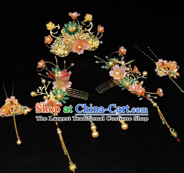 Chinese Traditional XiuHe Hair Accessories Ancient Bride Enamel Hair Combs Classical Tassel Hairpins Handmade Wedding Headdress