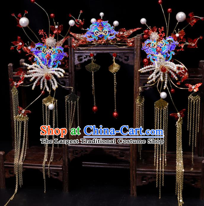 Chinese Handmade Wedding Headpieces Ming Dynasty Hair Accessories Ancient Bride Hair Comb Classical Cloisonne Hairpins