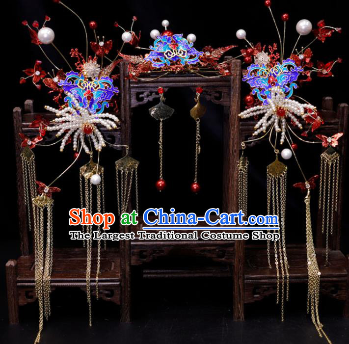 Chinese Handmade Wedding Headpieces Ming Dynasty Hair Accessories Ancient Bride Hair Comb Classical Cloisonne Hairpins