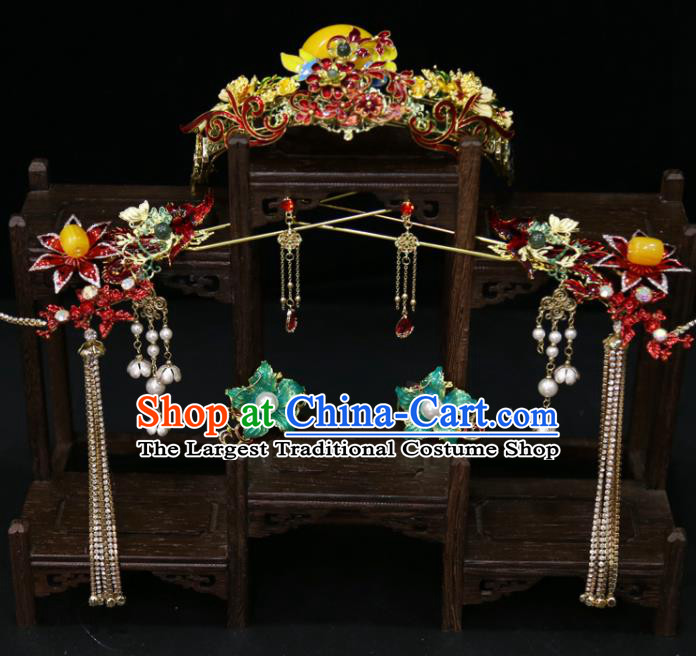 Chinese Classical Tassel Hairpins Handmade Wedding Headdress Traditional XiuHe Hair Accessories Ancient Bride Cloisonne Red Hair Crown Full Set