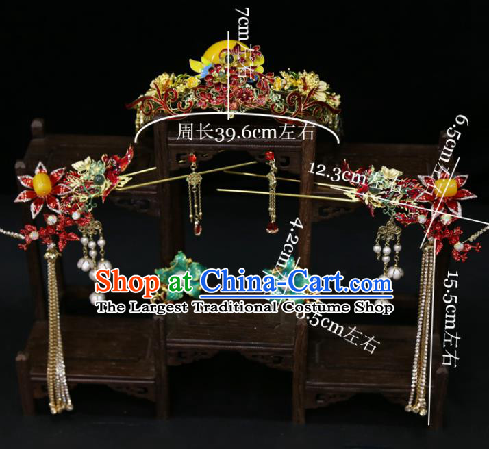 Chinese Classical Tassel Hairpins Handmade Wedding Headdress Traditional XiuHe Hair Accessories Ancient Bride Cloisonne Red Hair Crown Full Set