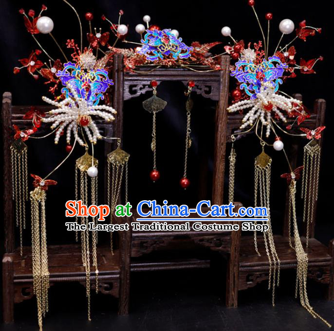 Chinese Handmade Wedding Headpieces Ming Dynasty Hair Accessories Ancient Bride Hair Comb Classical Cloisonne Hairpins