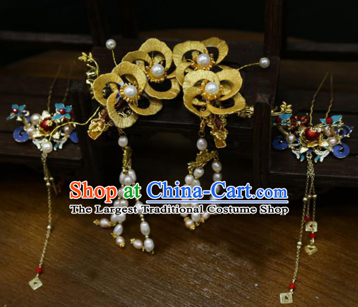 China Handmade Ming Dynasty Wedding Hair Accessories Traditional Hanfu Cloisonne Tassel Hairpin Ancient Bride Silk Flowers Hair Sticks