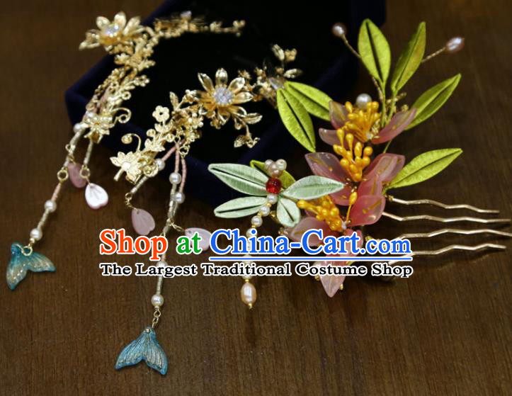 China Traditional Hanfu Tassel Hairpins Ancient Bride Silk Dragonfly Hair Comb Handmade Ming Dynasty Wedding Hair Accessories