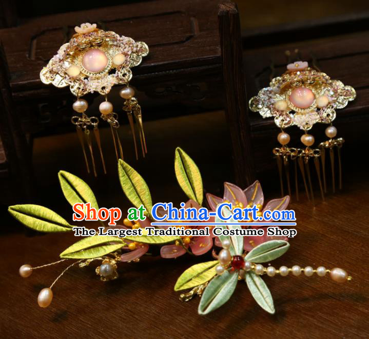 China Handmade Song Dynasty Wedding Hair Accessories Traditional Hanfu Golden Hairpins Ancient Bride Silk Dragonfly Hair Comb