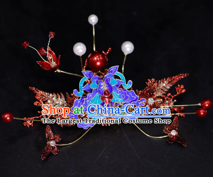 Chinese Handmade Wedding Headpieces Ming Dynasty Hair Accessories Ancient Bride Hair Comb Classical Cloisonne Hairpins