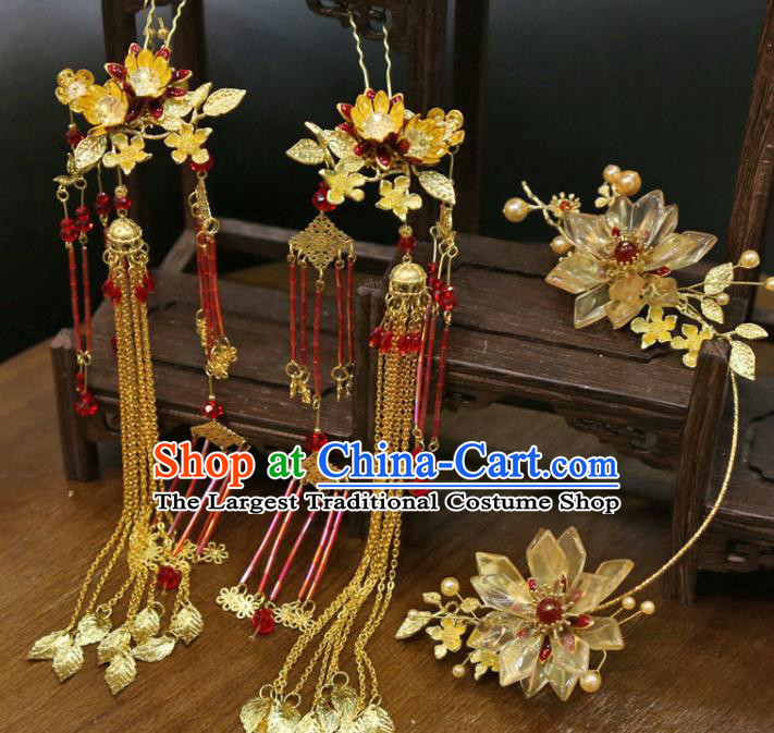 Chinese Ancient Bride Golden Lotus Hairpin Classical Hair Clasp Handmade Wedding Headdress Traditional XiuHe Hair Accessories
