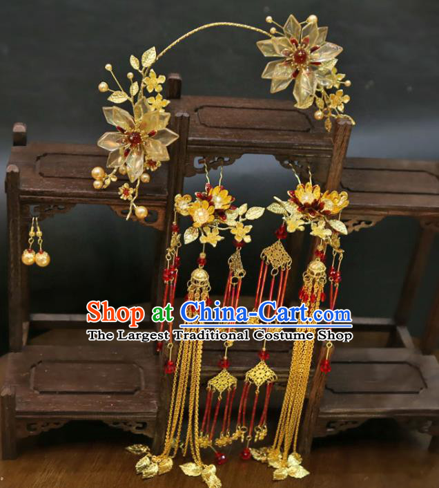 Chinese Ancient Bride Golden Lotus Hairpin Classical Hair Clasp Handmade Wedding Headdress Traditional XiuHe Hair Accessories