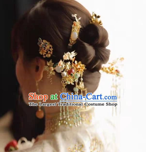 Chinese Traditional XiuHe Hair Accessories Ancient Bride Golden Dragon Hairpins Classical Jade Tassel Hair Sticks Handmade Wedding Headdress