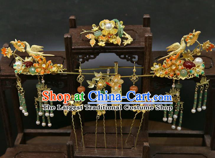 Chinese Traditional XiuHe Hair Accessories Ancient Bride Golden Dragon Hairpins Classical Jade Tassel Hair Sticks Handmade Wedding Headdress