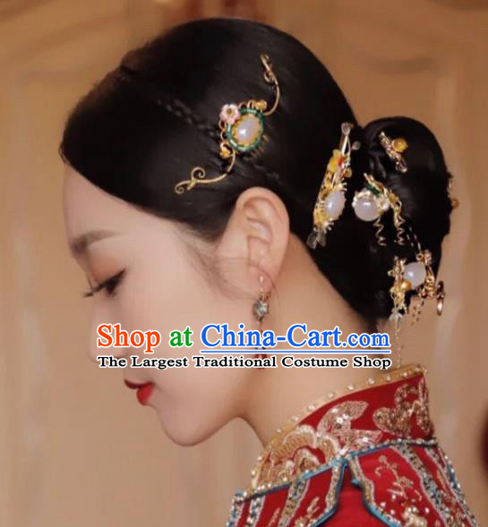 Chinese Handmade Wedding Headpieces Traditional XiuHe Hair Accessories Ancient Bride Jade Hairpins Classical Hair Combs Complete Set