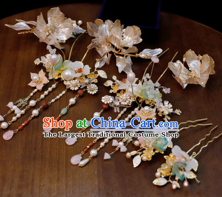Chinese Classical Flowers Hair Comb Handmade Wedding Headpieces Traditional XiuHe Hair Accessories Ancient Bride Pearls Tassel Hairpins Complete Set