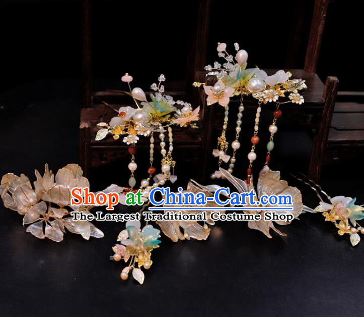 Chinese Classical Flowers Hair Comb Handmade Wedding Headpieces Traditional XiuHe Hair Accessories Ancient Bride Pearls Tassel Hairpins Complete Set