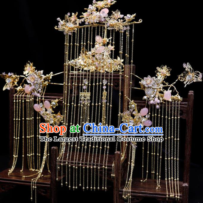 Chinese Classical Tassel Hairpins Handmade Wedding Headpieces Ming Dynasty Hair Accessories Ancient Bride Hair Crown