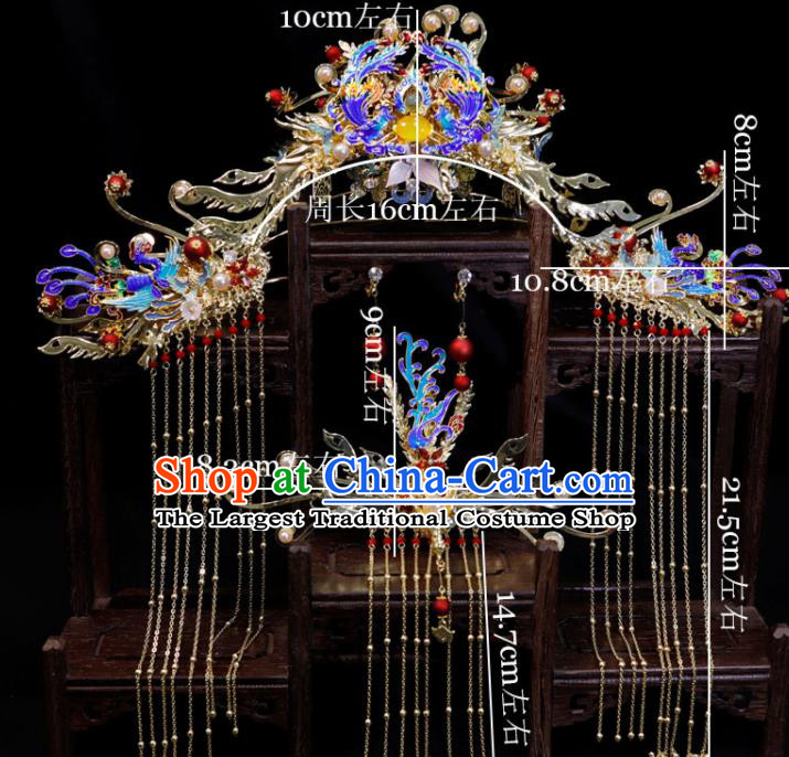 Chinese Ancient Bride Cloisonne Hair Crown Classical Tassel Hairpins Handmade Wedding Headpieces Ming Dynasty Hair Accessories