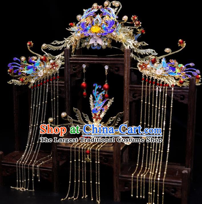 Chinese Ancient Bride Cloisonne Hair Crown Classical Tassel Hairpins Handmade Wedding Headpieces Ming Dynasty Hair Accessories