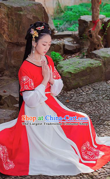 China Ancient Young Beauty Red Hanfu Dress Tang Dynasty Civilian Lady Garment Costumes Traditional Court Dance Historical Clothing