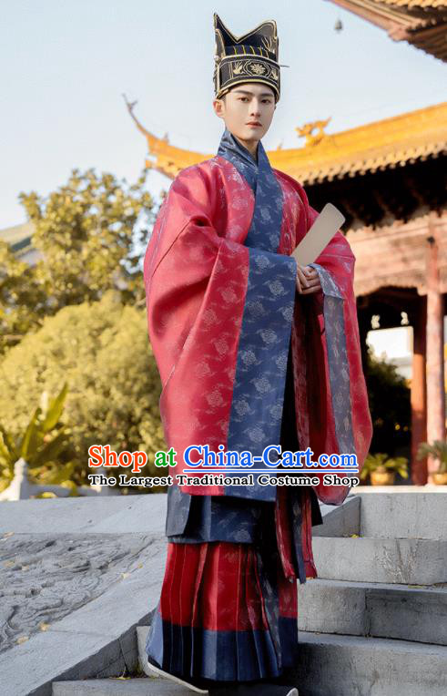 China Traditional Ceremony Historical Clothing Ancient Scholar Garment Costume Ming Dynasty Red Official Robe