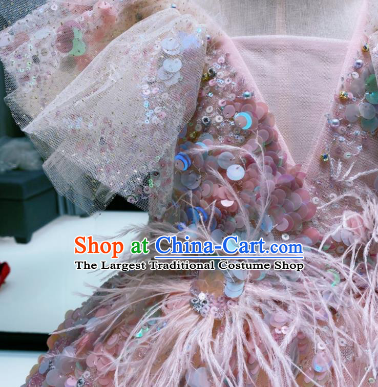 Top Girl Catwalks Show Sequins Evening Clothing Baroque Princess Formal Garment Children Stage Performance Pink Full Dress