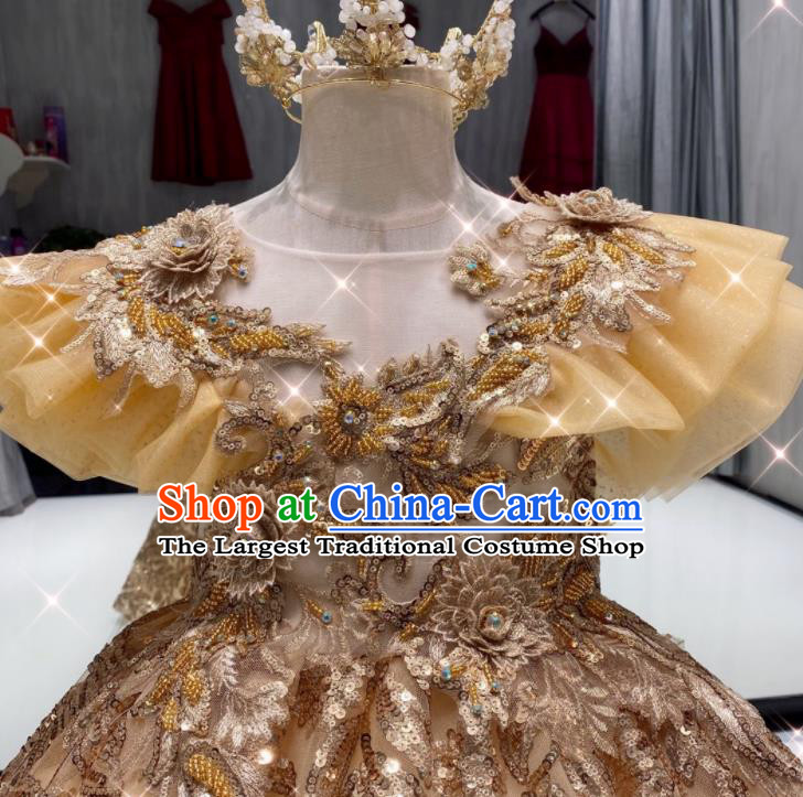 Top Christmas Princess Formal Garment Children Stage Performance Golden Sequins Full Dress Girl Catwalks Show Evening Clothing