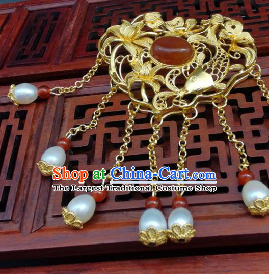 Chinese Ming Dynasty Golden Necklace Handmade Longevity Lock Classical Hanfu Tassel Necklet Pendant
