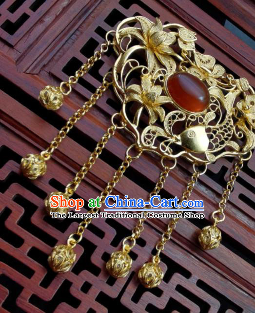 Chinese Ming Dynasty Golden Necklace Handmade Longevity Lock Classical Hanfu Tassel Necklet Pendant