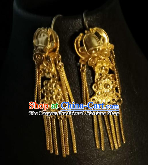 Handmade China Qing Dynasty Empress Gilding Silver Bat Ear Jewelry Wedding Earrings Classical Golden Tassel Ear Accessories